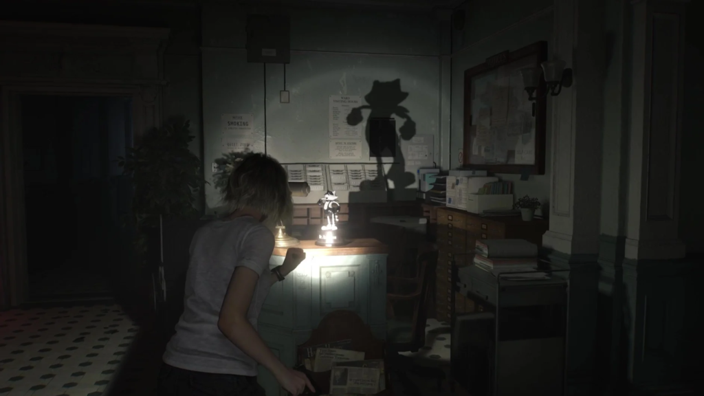 Resident Evil Requiem mostra personagem explorando sala escura com sombra projetada na parede e atmosfera tensa no novo console da Nintendo