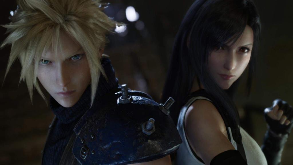 Cloud Strife e Tifa Lockhart em cena cinematográfica do remake, representando o lançamento simultâneo Final Fantasy VII com foco nos protagonistas.