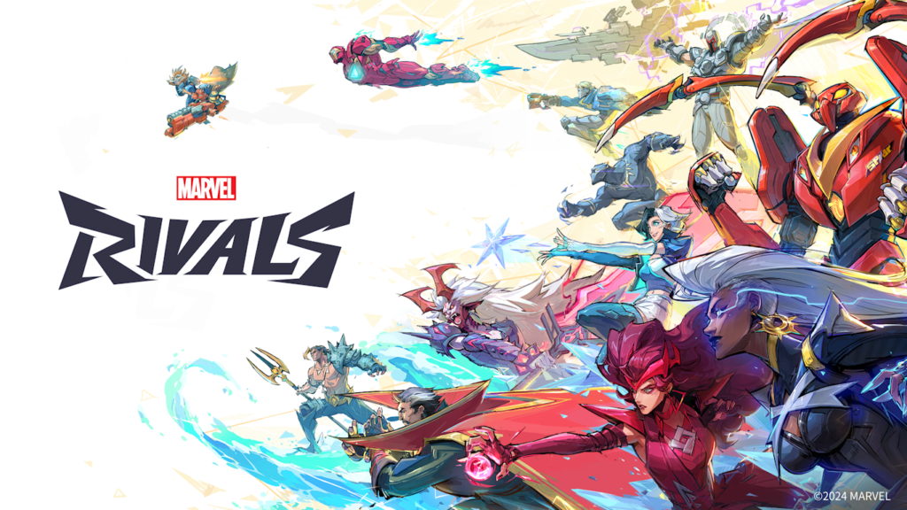 Arte promocional de Marvel Rivals mostrando diversos heróis da Marvel em ação dinâmica, com personagens voando, disparando energia e enfrentando adversários em um cenário futurista colorido.