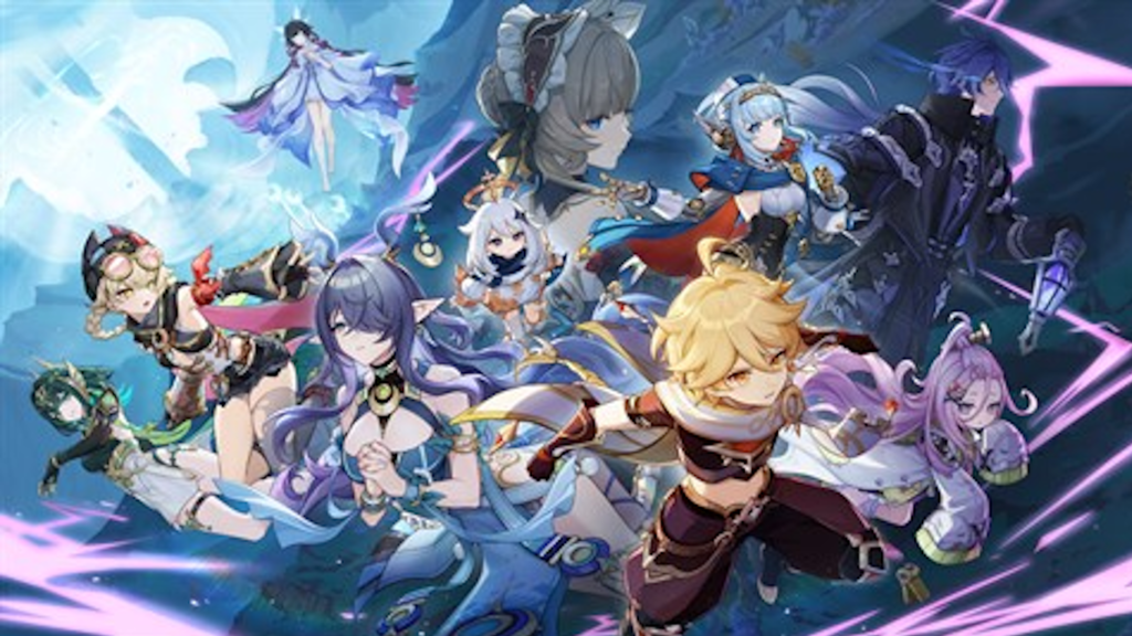 Ilustração oficial de Genshin Impact exibindo vários personagens do jogo reunidos em pose de ação, com estética anime, efeitos mágicos e fundo em tons azulados.