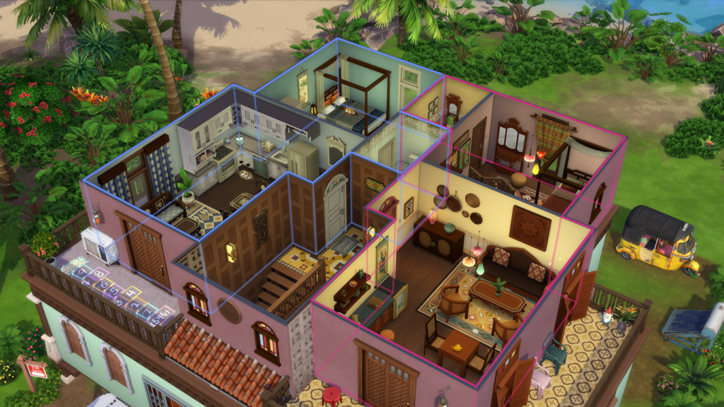 Imagem de gameplay do The Sims 4 mostrando uma casa aberta em visão isométrica, com cômodos decorados, móveis detalhados e ambiente tropical ao redor.