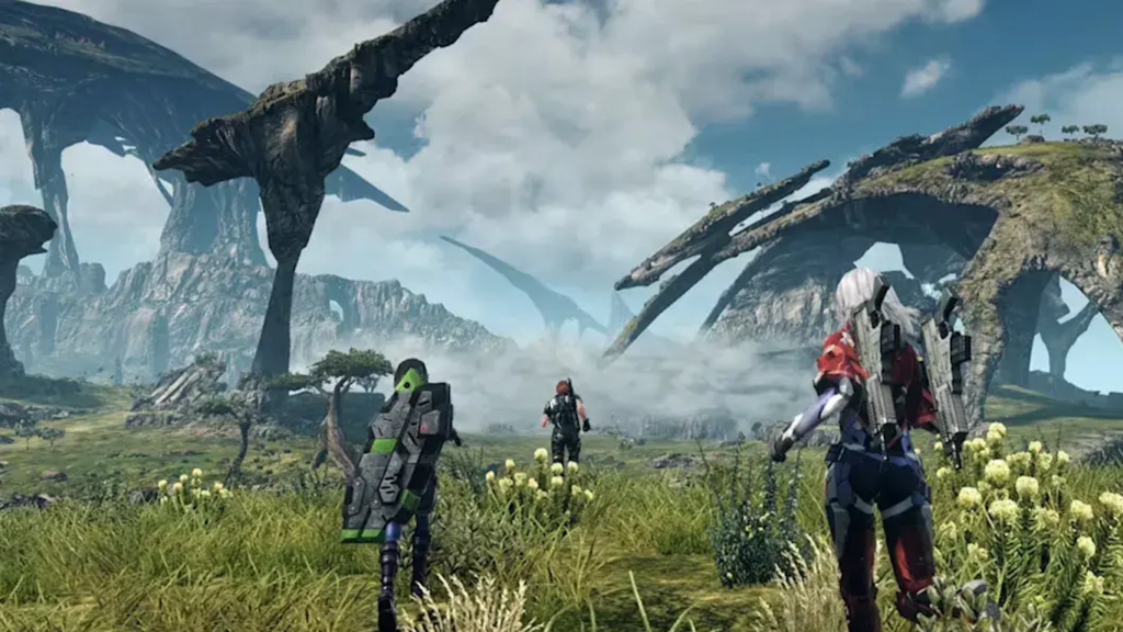 Personagens explorando o planeta Mira em Xenoblade Chronicles X em 4K no Switch 2 com cenário alienígena e estruturas gigantes ao fundo