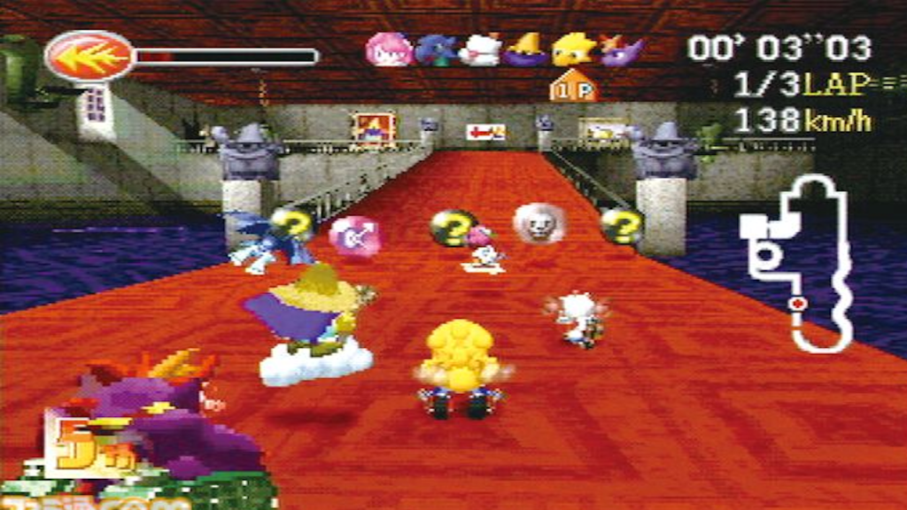Gameplay nostálgico do jogo Chocobo Racing PS1 com personagens de Final Fantasy.